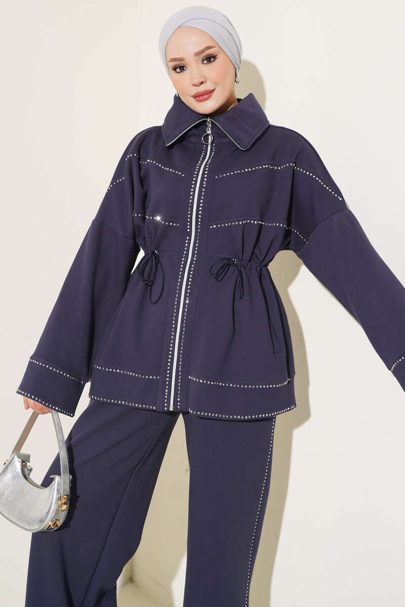 Two-Piece Set with Stone Detail and Drawstring Waist - Navy