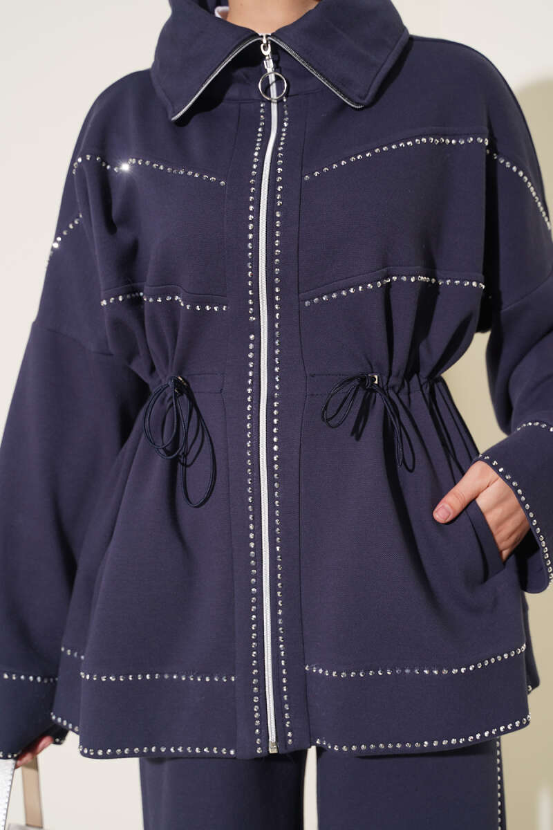 Two-Piece Set with Stone Detail and Drawstring Waist - Navy