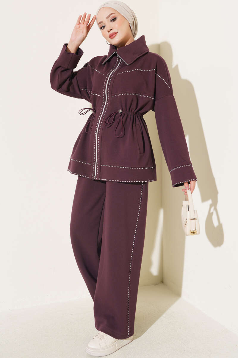 Two-Piece Set with Stone Detail and Drawstring Waist - Plum