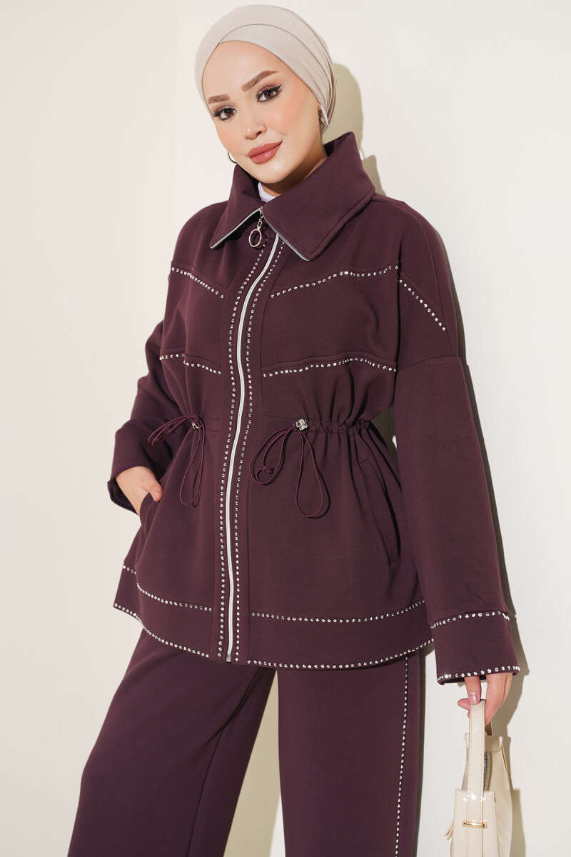 Two-Piece Set with Stone Detail and Drawstring Waist - Plum