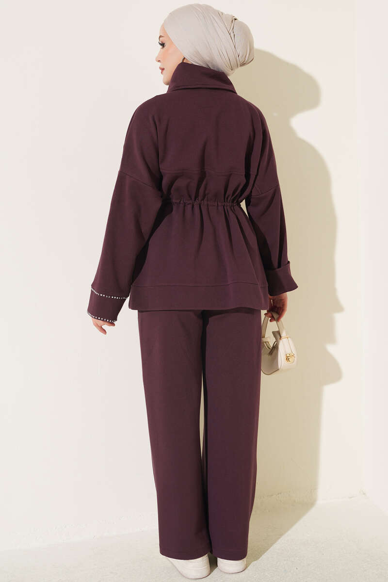 Two-Piece Set with Stone Detail and Drawstring Waist - Plum