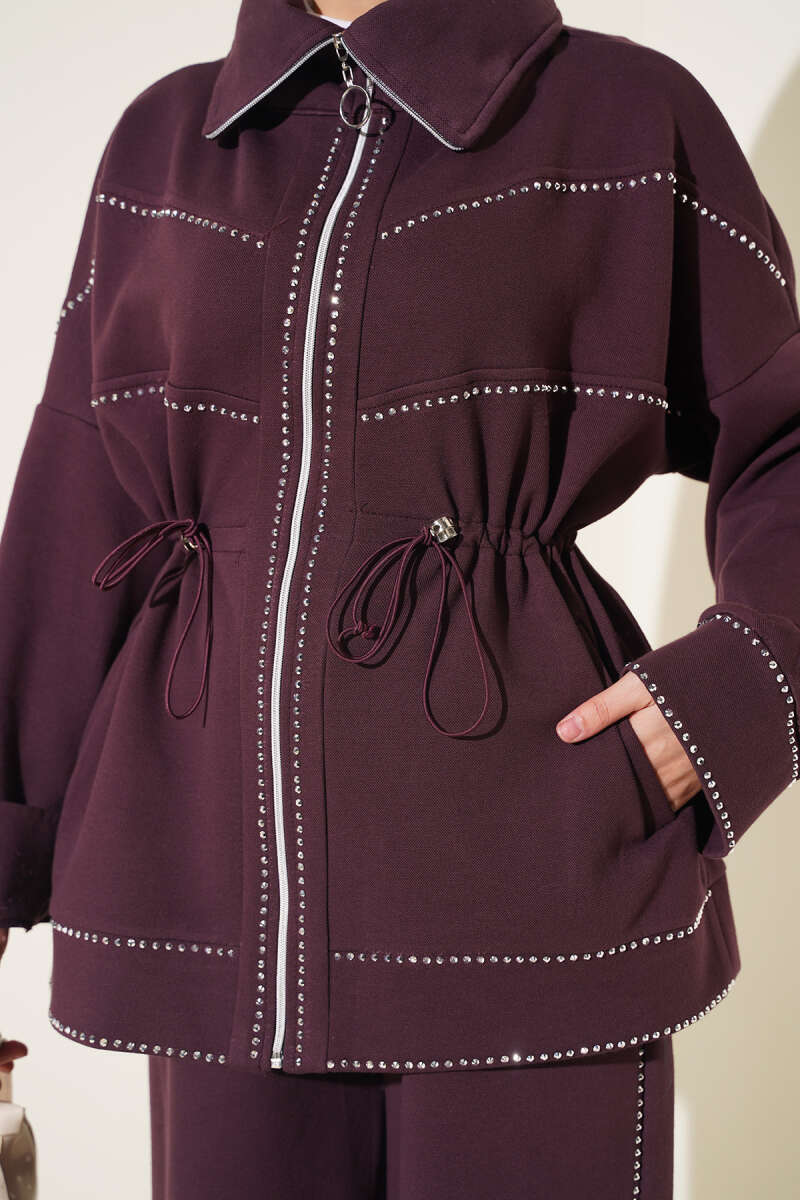 Two-Piece Set with Stone Detail and Drawstring Waist - Plum