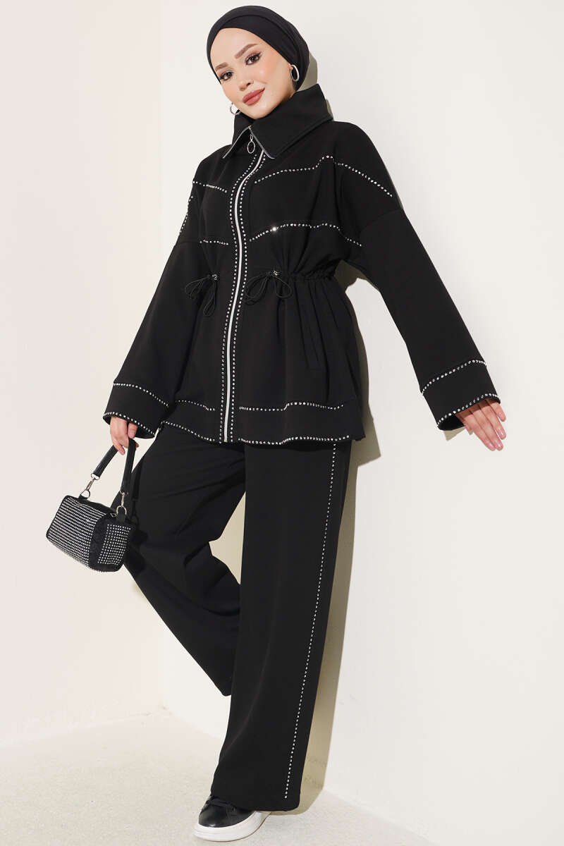 Two-Piece Set with Stone Detail and Drawstring Waist - Black
