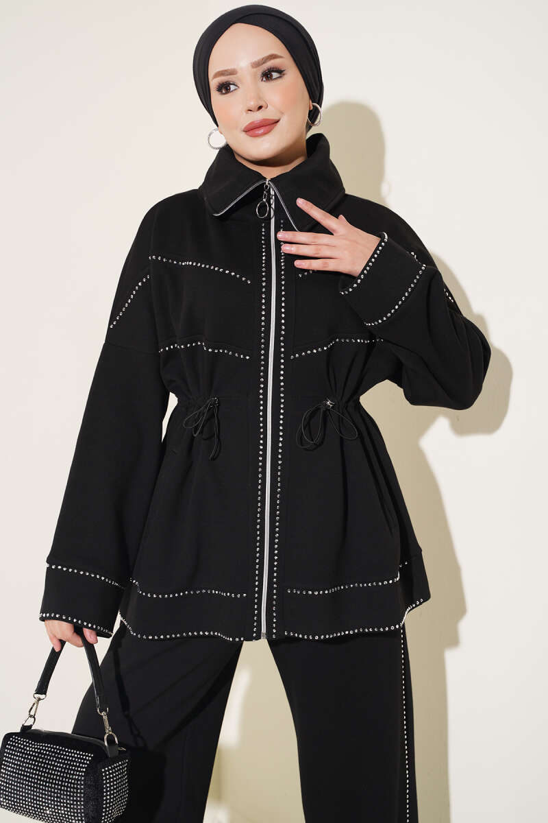 Two-Piece Set with Stone Detail and Drawstring Waist - Black