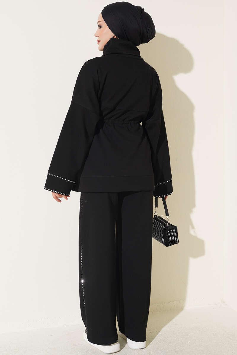 Two-Piece Set with Stone Detail and Drawstring Waist - Black