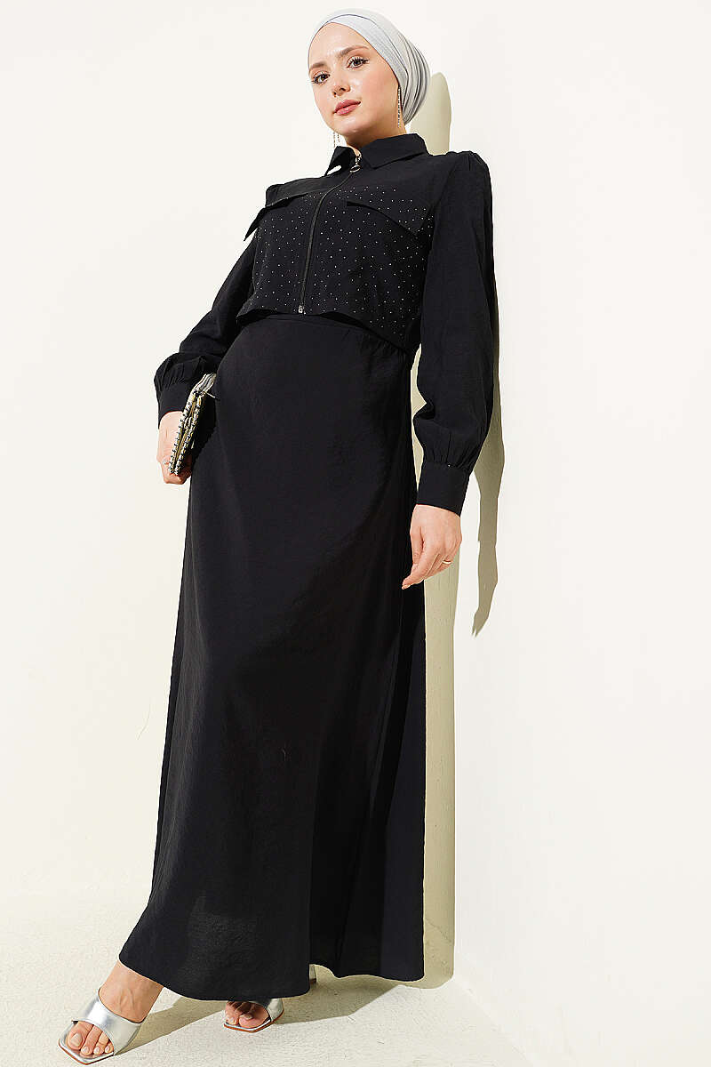 Stone Pinafore Set with Jacket and Drawstring Waist - Black