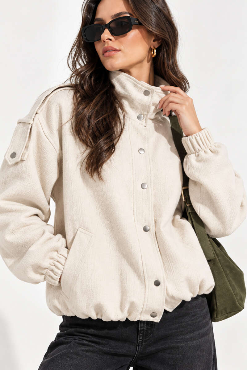 Snap-Button Jacket with Elastic Waist and Cuffs - Beige