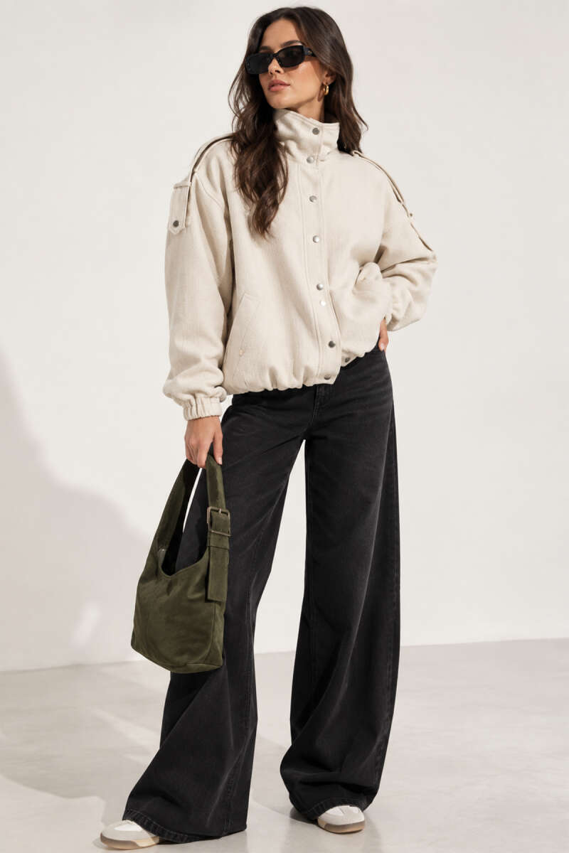 Snap-Button Jacket with Elastic Waist and Cuffs - Beige