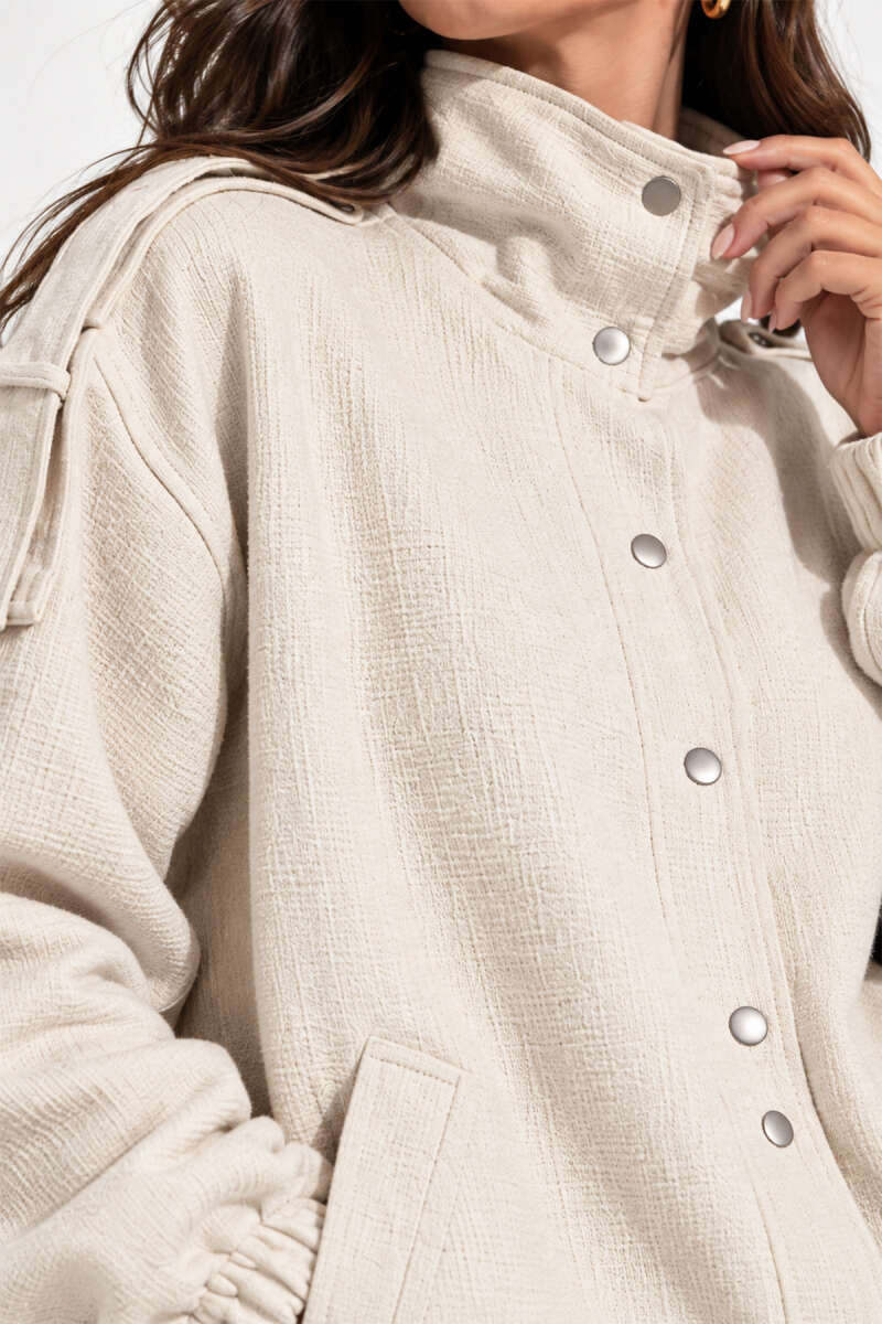 Snap-Button Jacket with Elastic Waist and Cuffs - Beige
