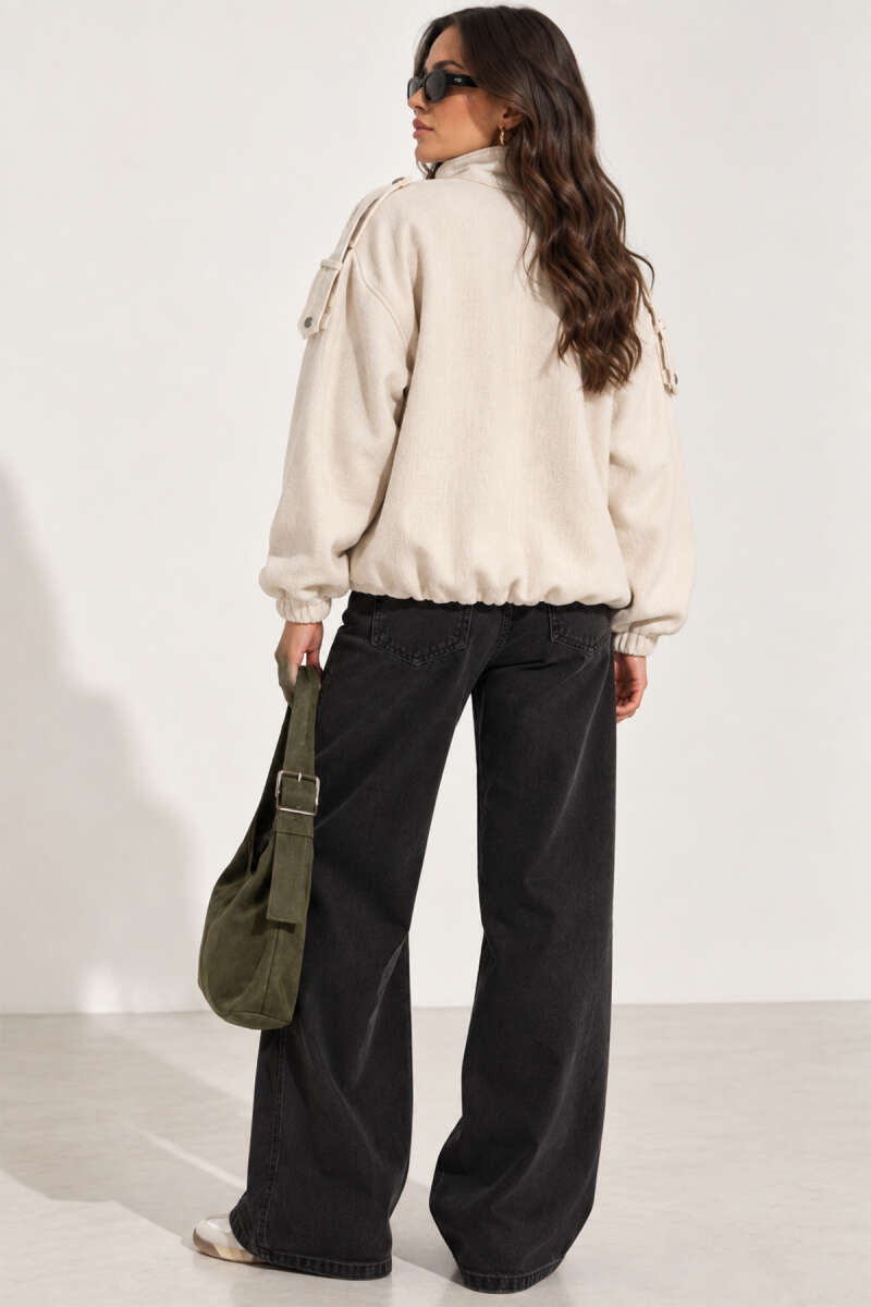 Snap-Button Jacket with Elastic Waist and Cuffs - Beige