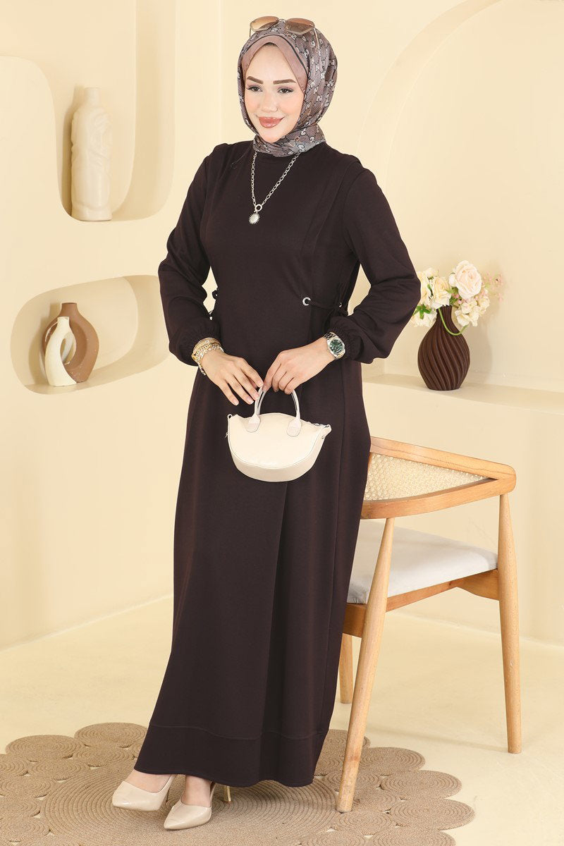 Modal Dress with Waist Tie - Dark Brown