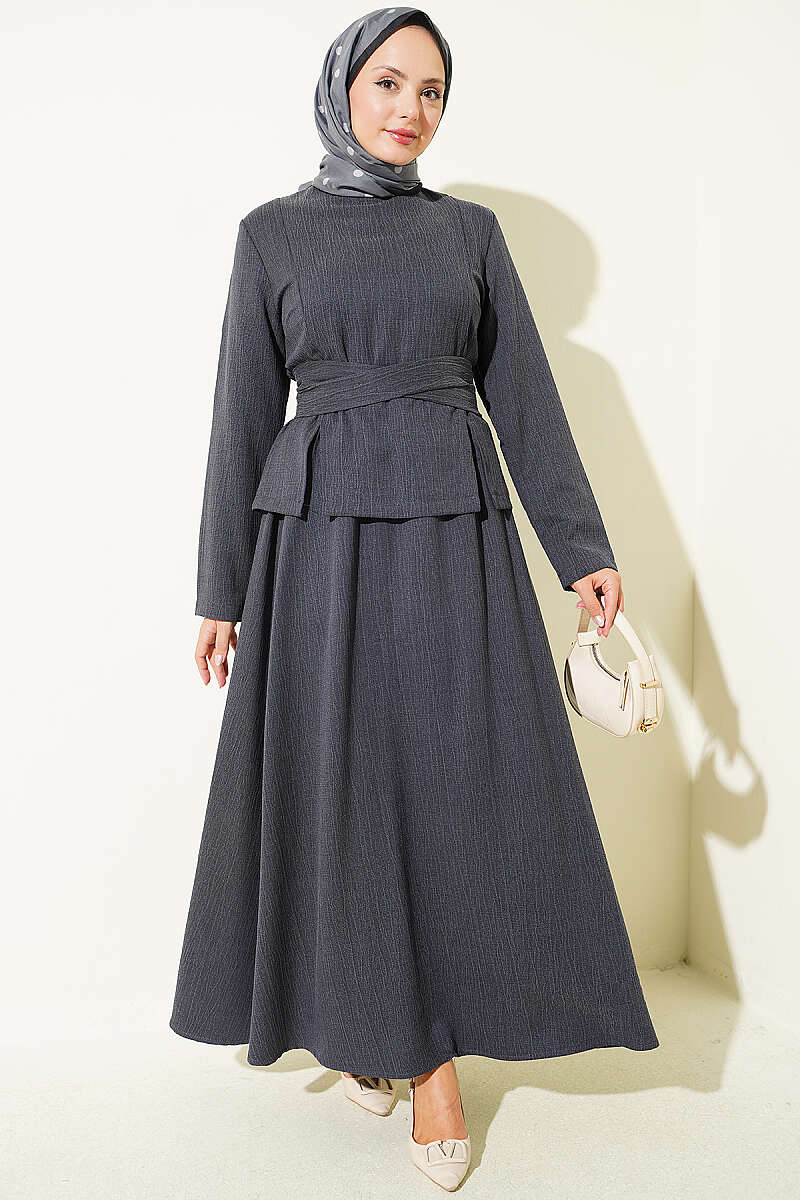 Two-Piece Skirt Set with Waist Tie - Charcoal