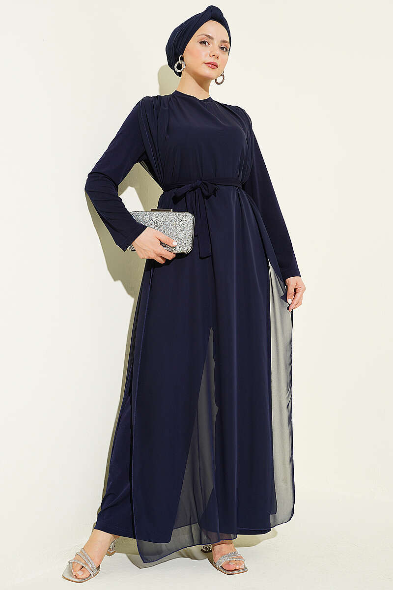 Tie-Waist Chiffon Jumpsuit - Navy