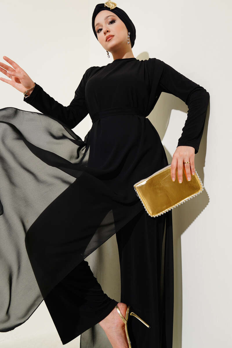 Tie-Waist Chiffon Jumpsuit - Black