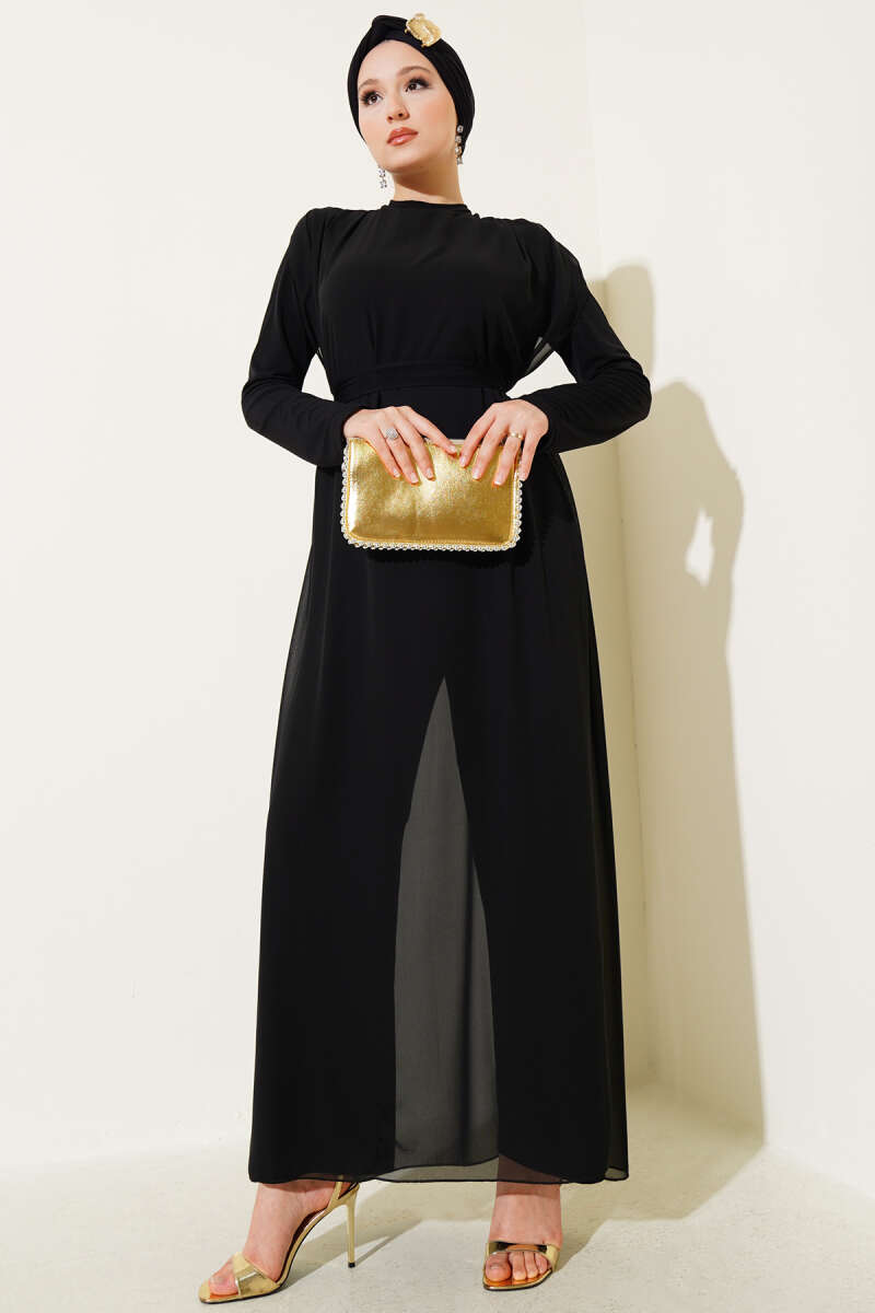 Tie-Waist Chiffon Jumpsuit - Black