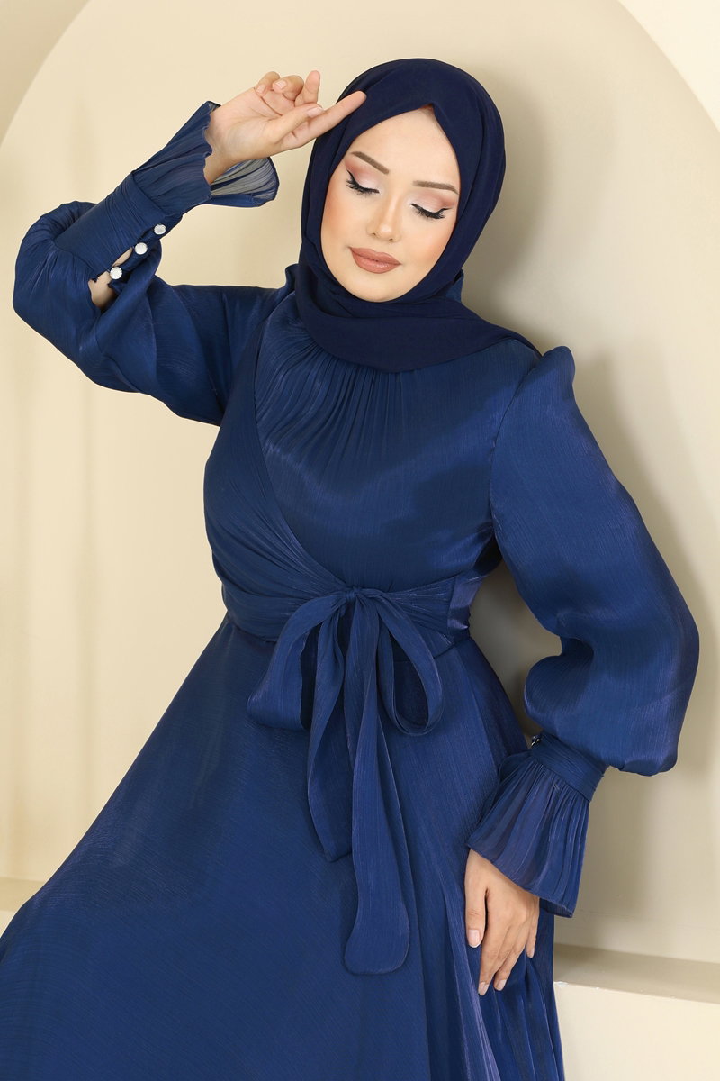 Organza Evening Dress with Waist Tie - Navy