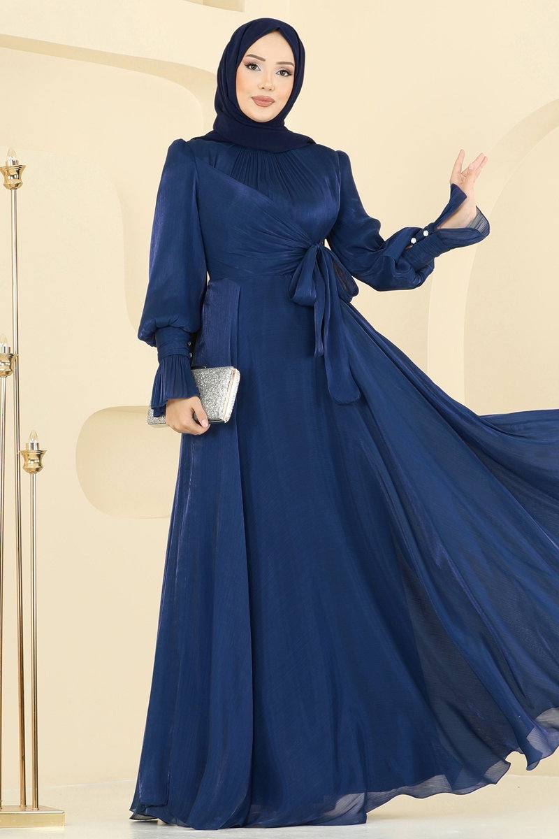 Organza Evening Dress with Waist Tie - Navy