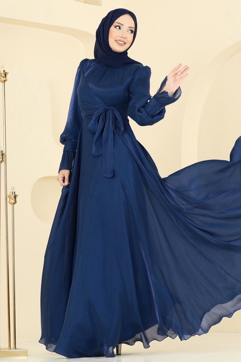 Organza Evening Dress with Waist Tie - Navy