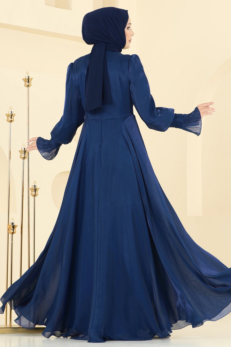 Organza Evening Dress with Waist Tie - Navy