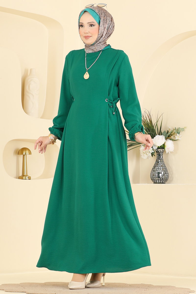 Aerobin Dress with Gathered Waist - Emerald