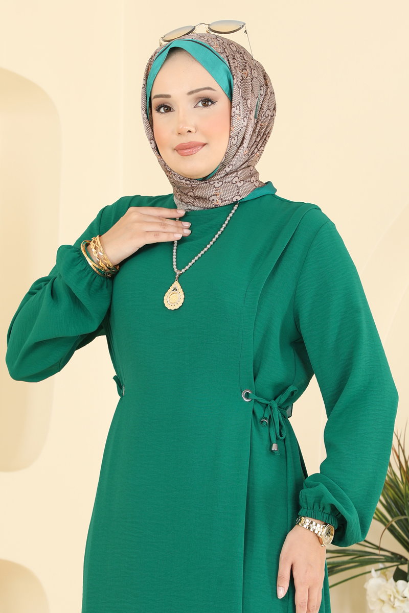 Aerobin Dress with Gathered Waist - Emerald