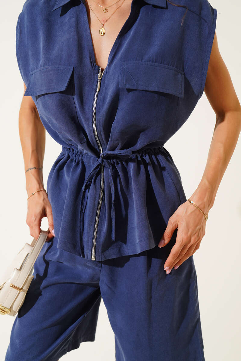 Vest Two-Piece Set with Gathered Waist - Navy