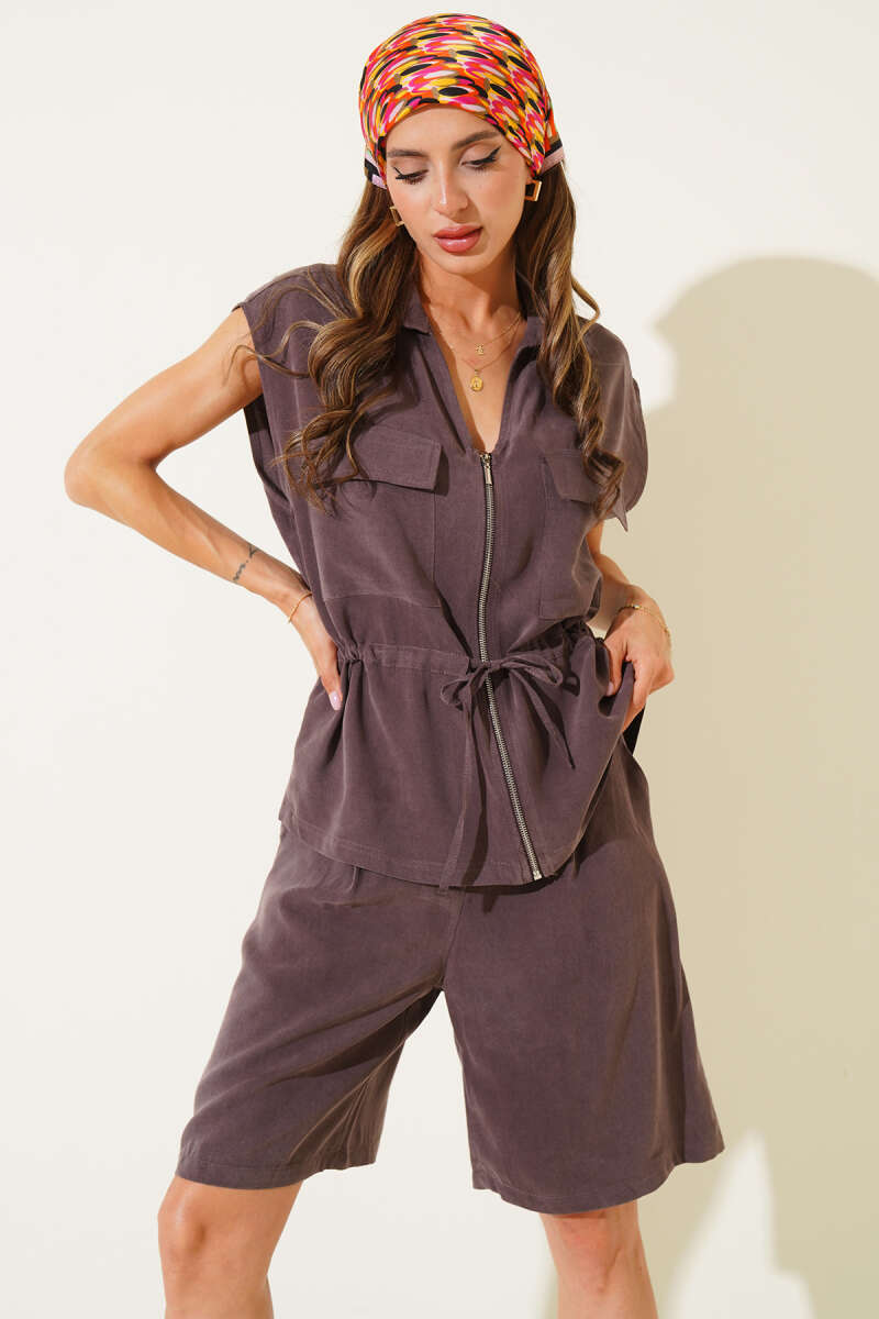 Vest Two-Piece Set with Gathered Waist - Mink