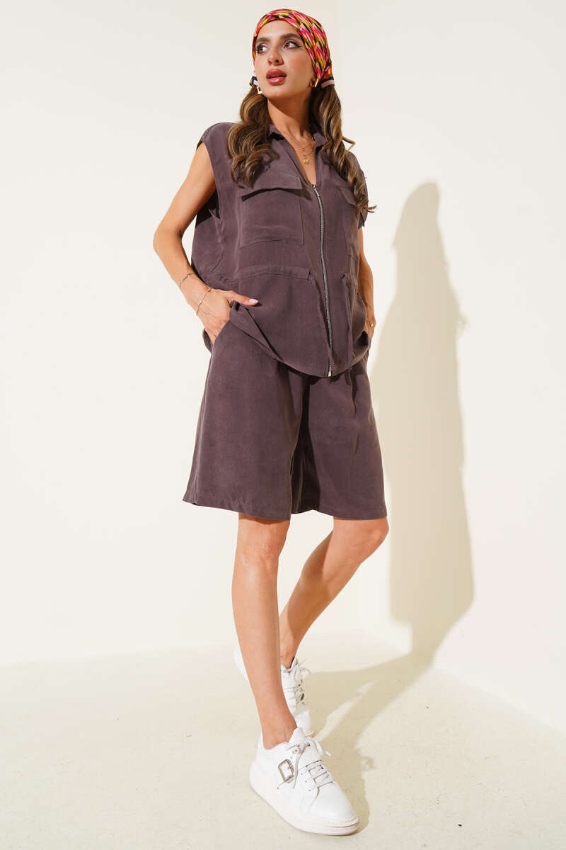Vest Two-Piece Set with Gathered Waist - Mink