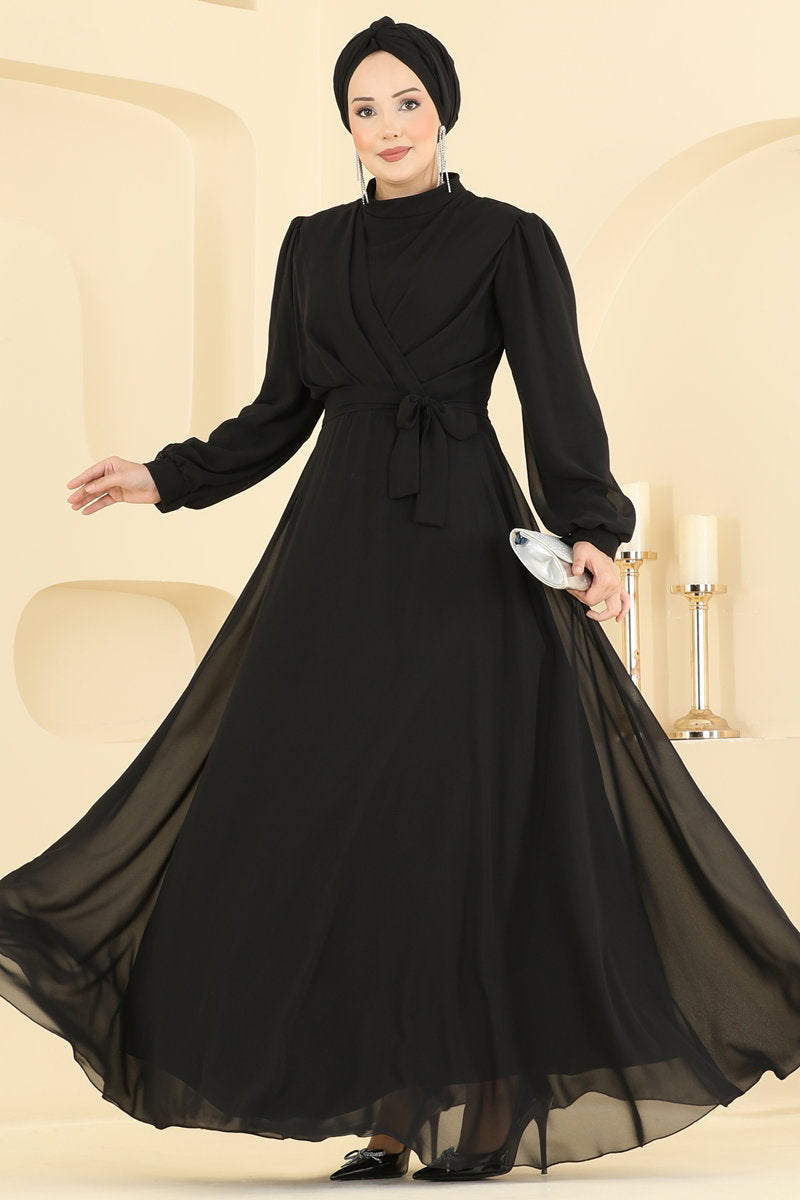 Belted-Waist Chiffon Evening Dress - Black