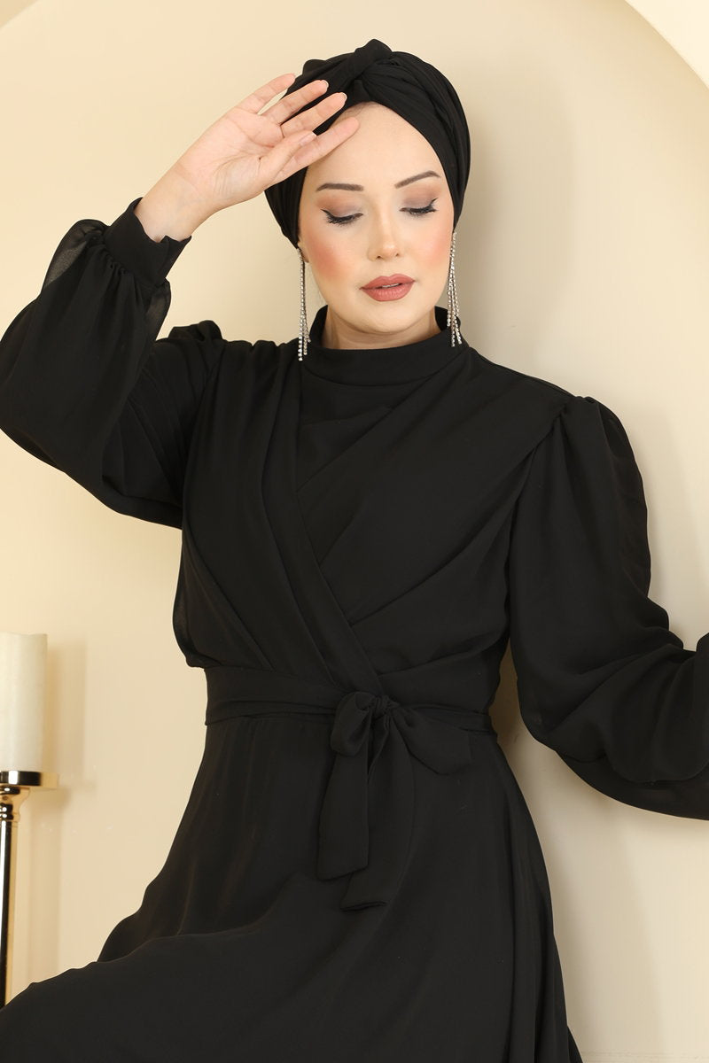 Belted-Waist Chiffon Evening Dress - Black