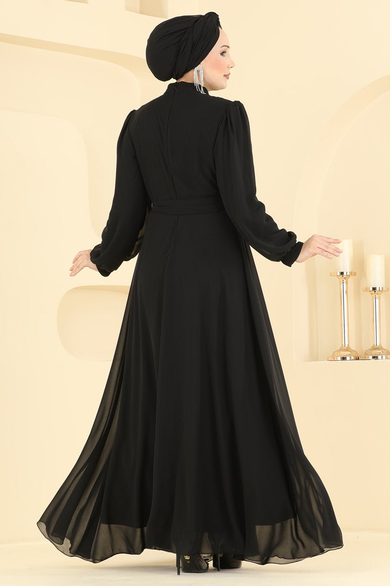 Belted-Waist Chiffon Evening Dress - Black