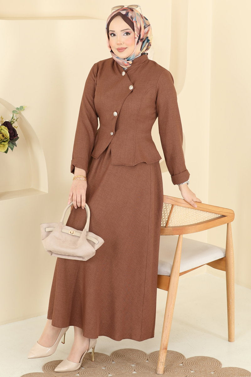 Elegant Fitted-Waist Linen Two-Piece Set - Light Brown