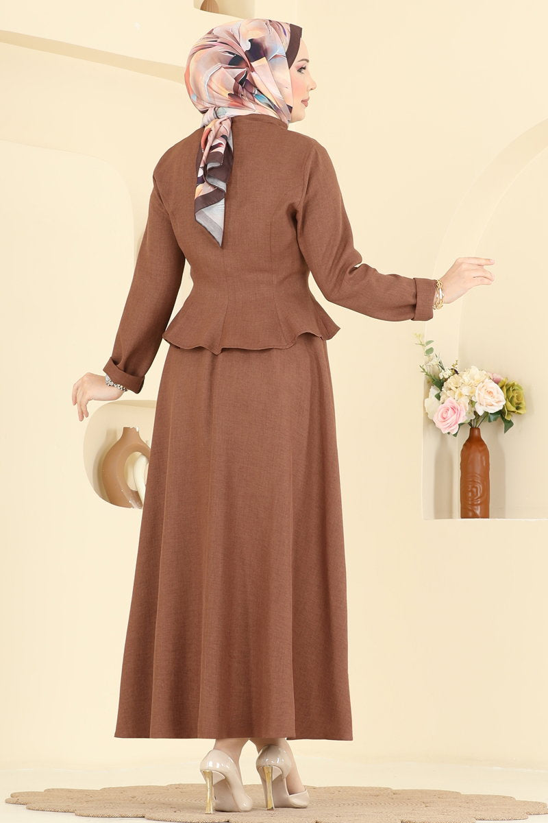 Elegant Fitted-Waist Linen Two-Piece Set - Light Brown