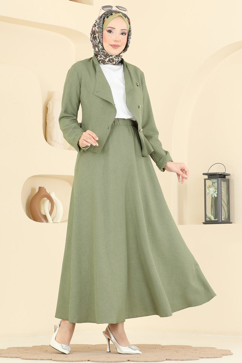 Elegant Fitted-Waist Linen Two-Piece Set - Almond Green