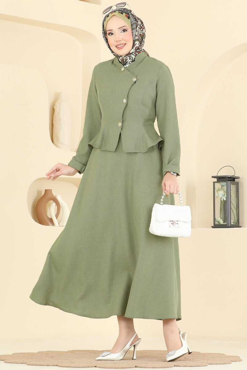 Elegant Fitted-Waist Linen Two-Piece Set - Almond Green