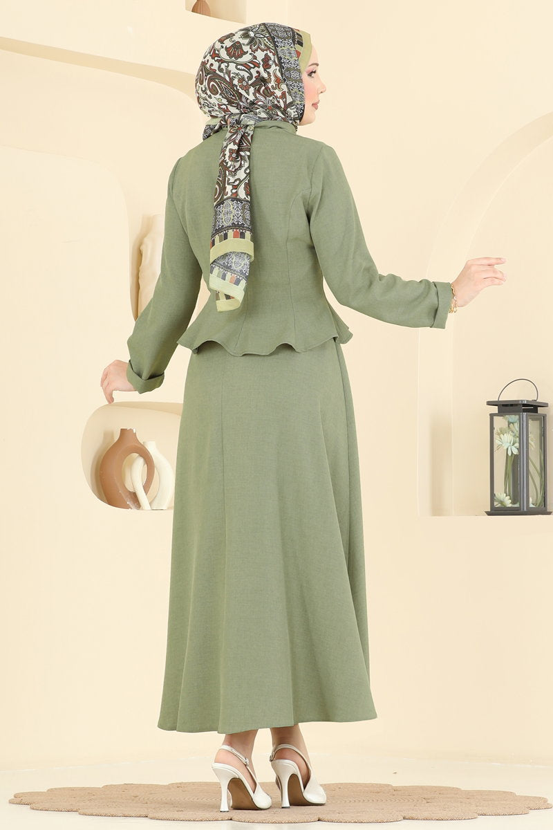 Elegant Fitted-Waist Linen Two-Piece Set - Almond Green