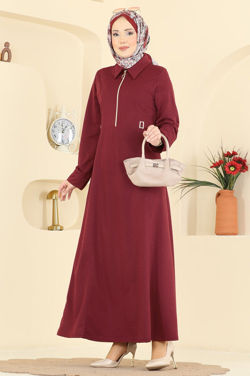 Dress with Buckle at the Waist - Burgundy