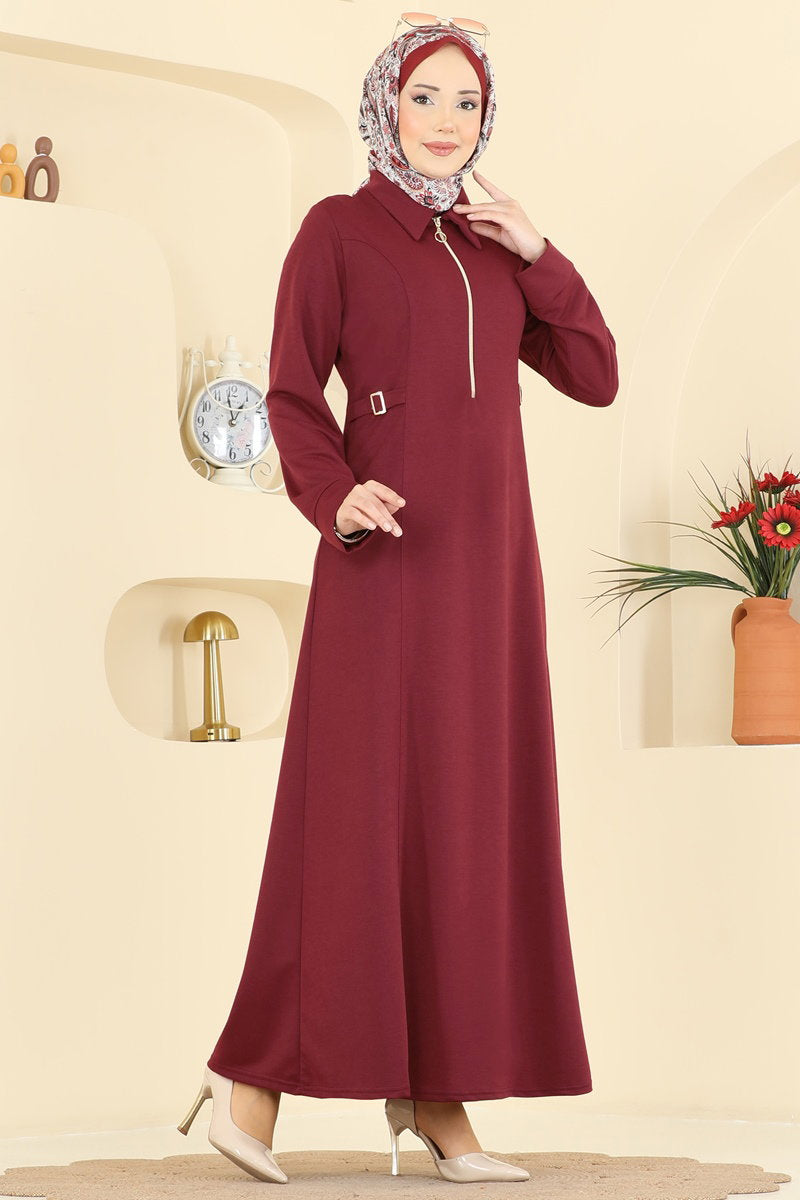 Dress with Buckle at the Waist - Burgundy