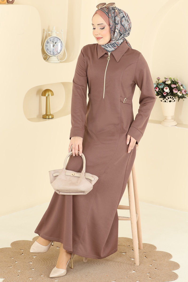Dress with Buckle at the Waist - Powder-Mink