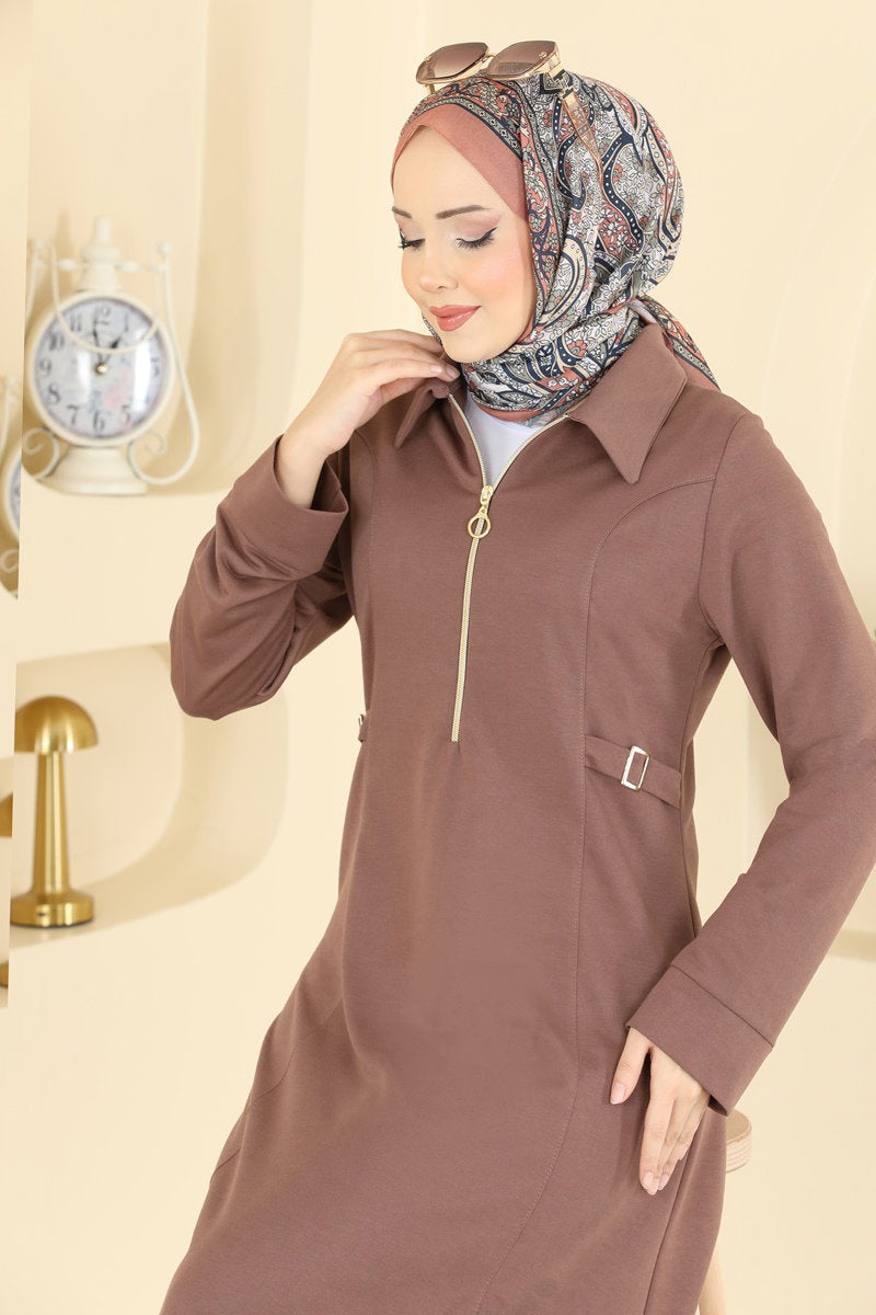 Dress with Buckle at the Waist - Powder-Mink