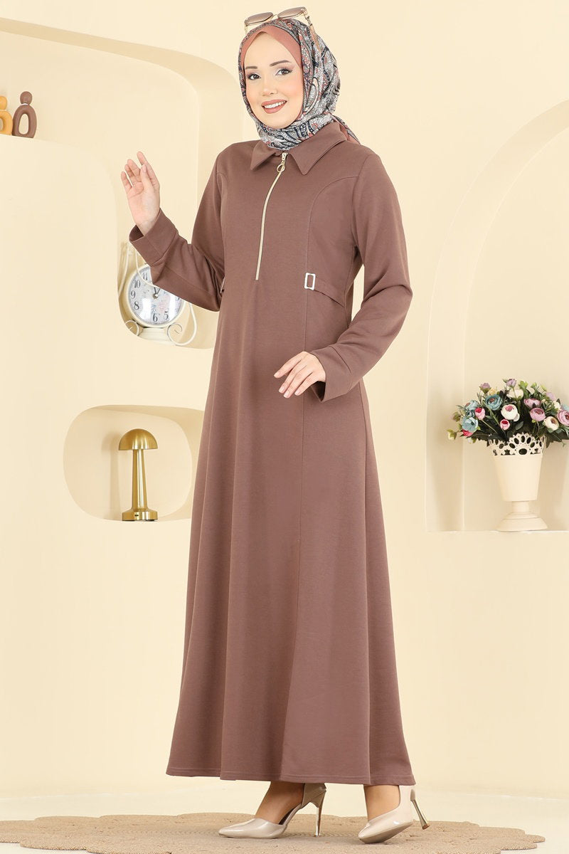 Dress with Buckle at the Waist - Powder-Mink