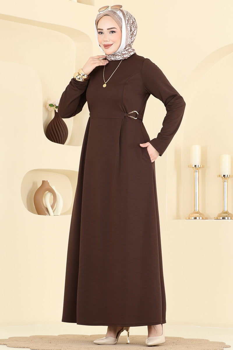 Crepe Knit Dress with Buckled Waist - Brown