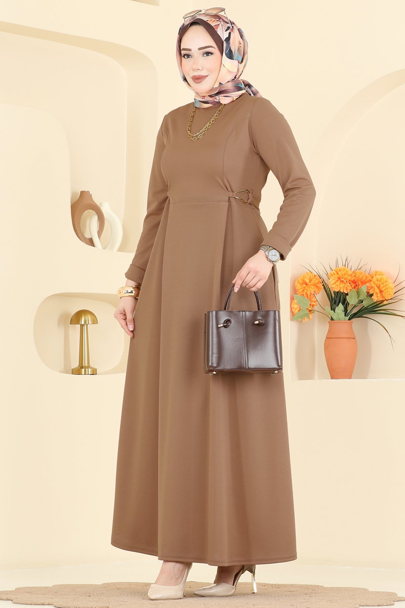 Crepe Knit Dress with Buckled Waist - Mink