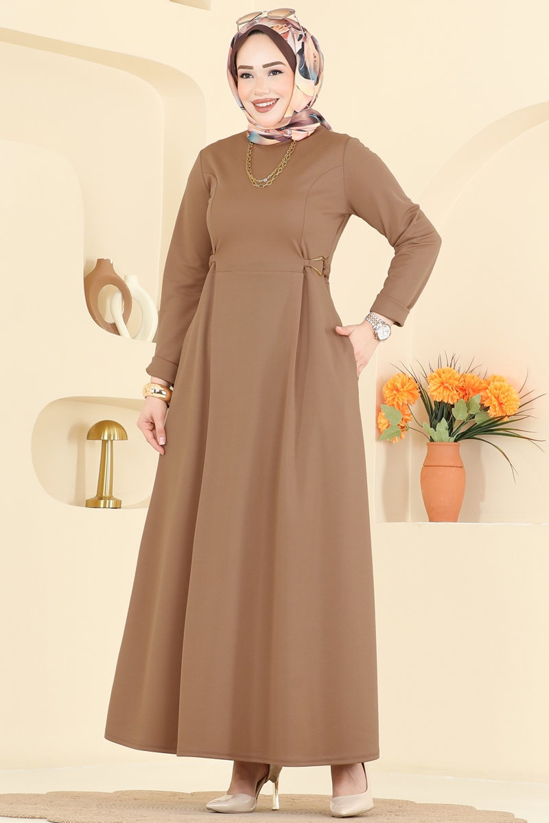 Crepe Knit Dress with Buckled Waist - Mink