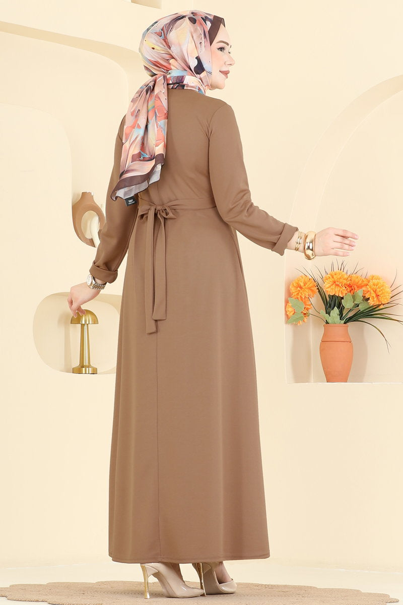 Crepe Knit Dress with Buckled Waist - Mink