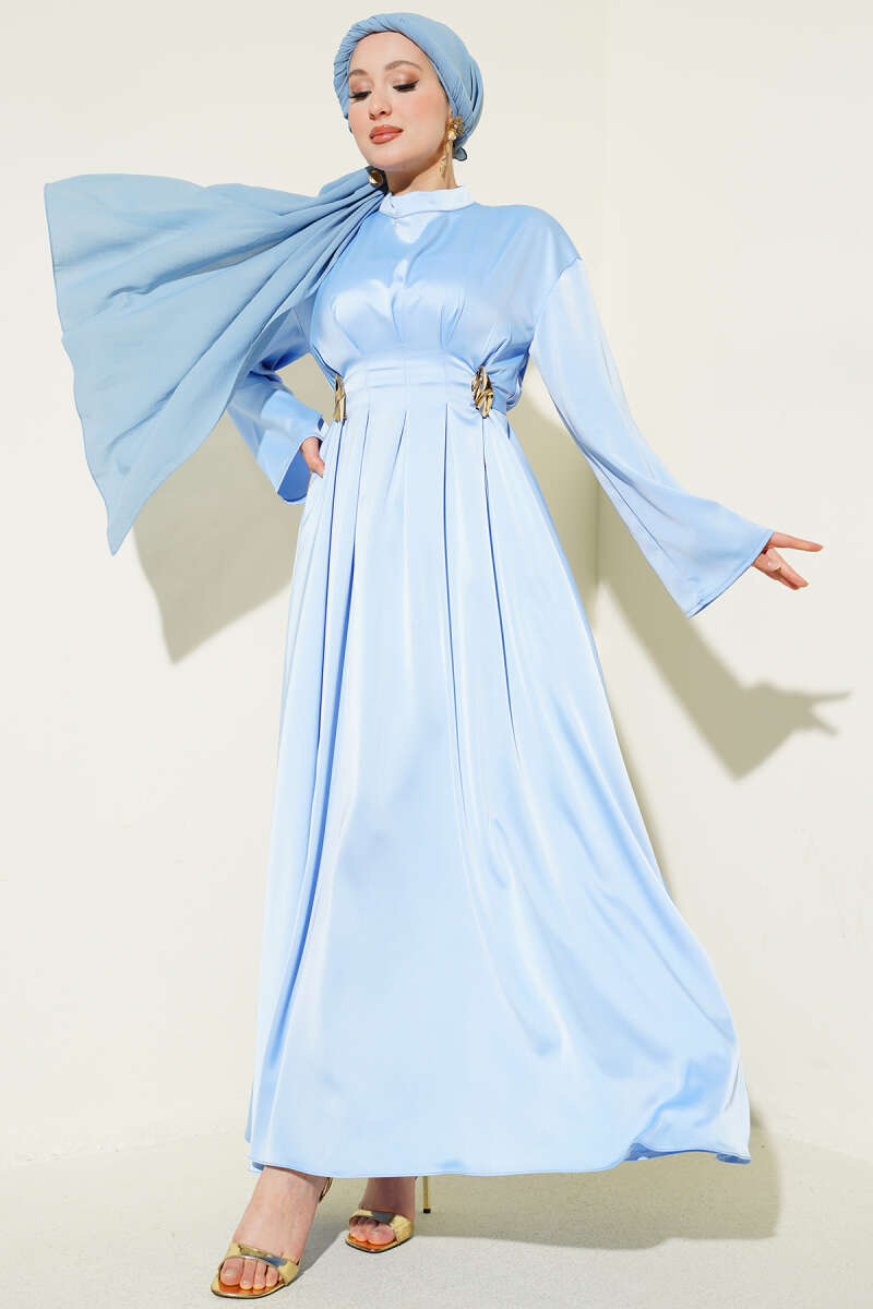 Tie Evening Dress with Waist Accessory - Blue