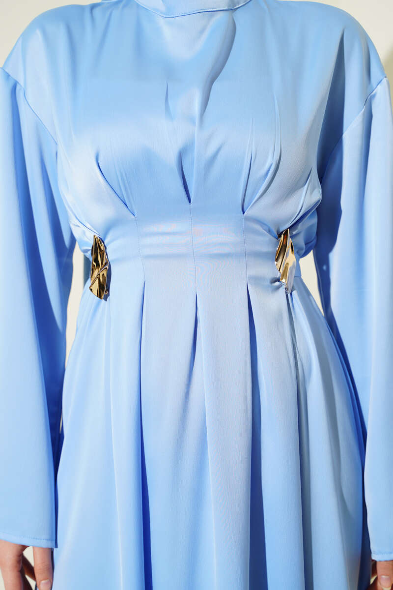 Tie Evening Dress with Waist Accessory - Blue