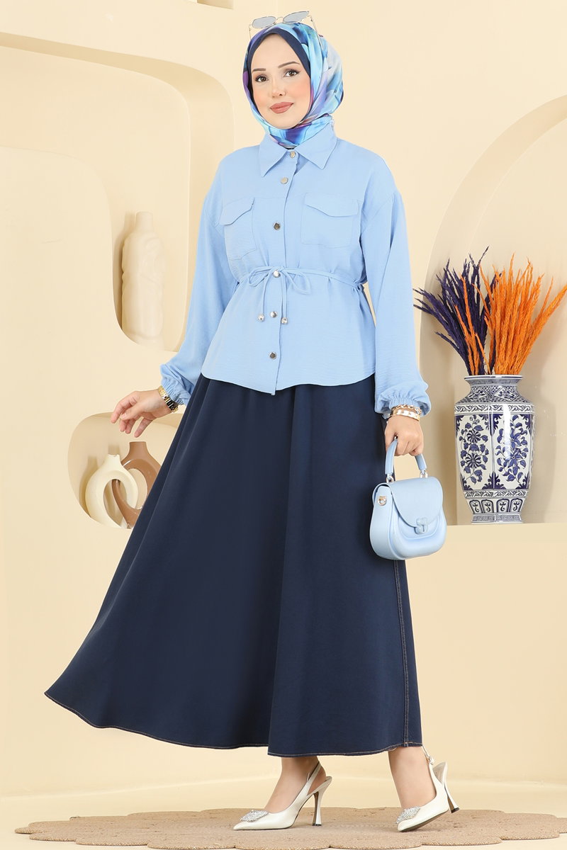 Denim Two-Piece Set with Tie Waist - Light Blue-Navy