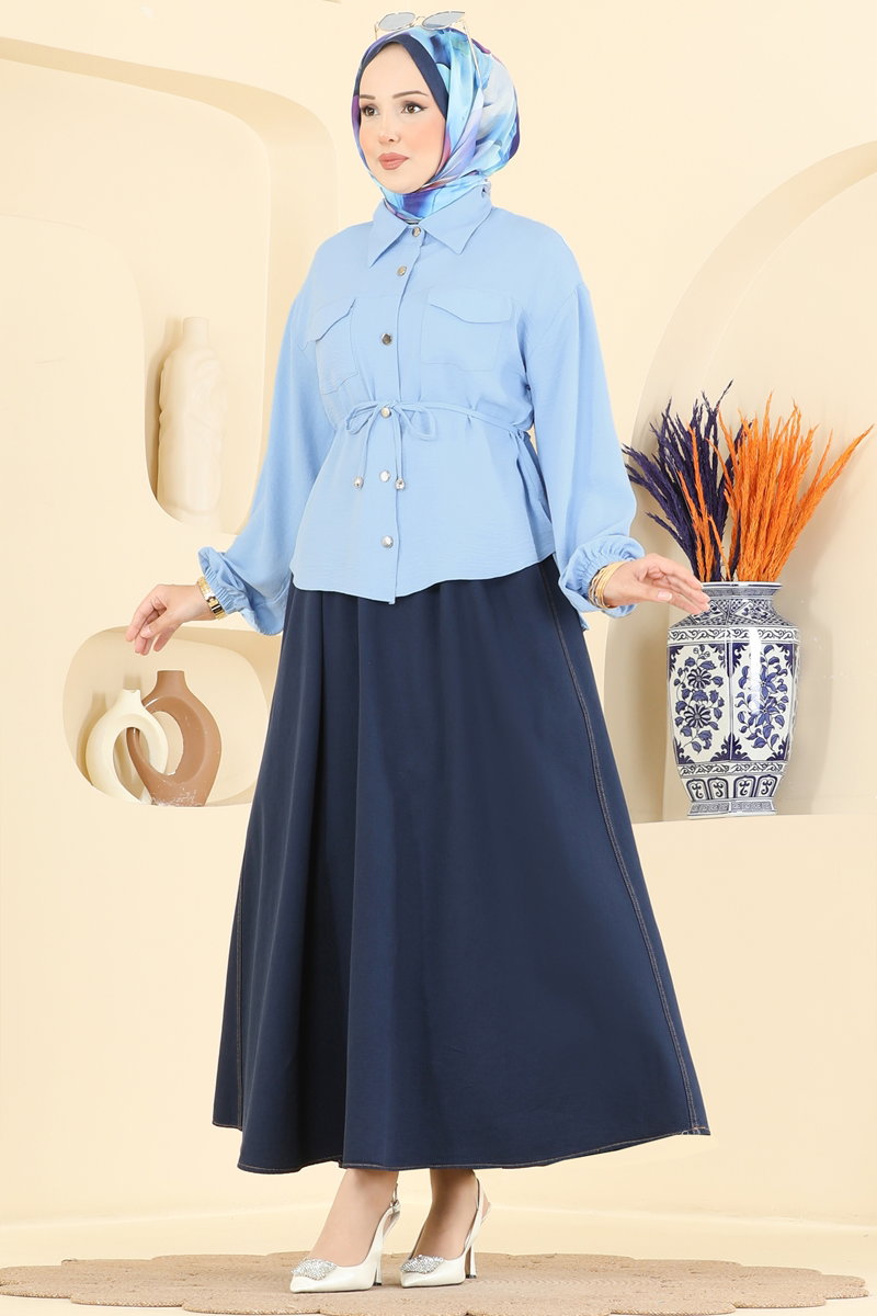 Denim Two-Piece Set with Tie Waist - Light Blue-Navy