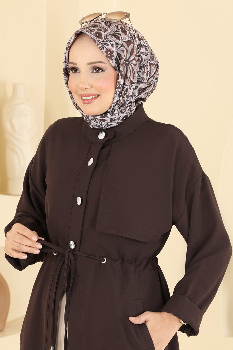 Gathered Cape Coat with Tie Waist - Dark Brown